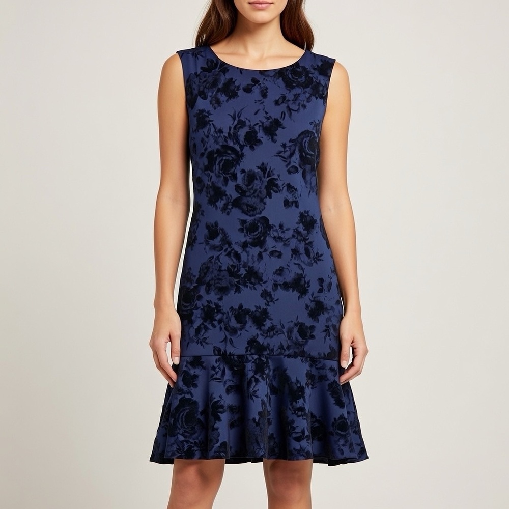 Vince Camuto Womens Velvet Jacquard Fit & Flare Dress Size 2 Sleeveless Navy NWT